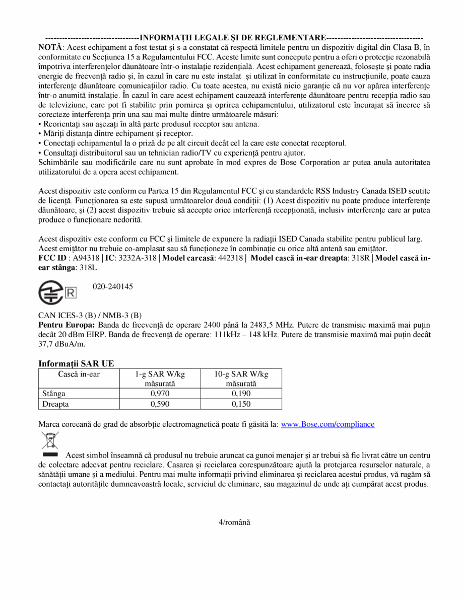 Pagina 4-Manual de utilizare pentru casti cu anularea zgomotului BOSE Quiet Comfort Earbuds Instructiuni...