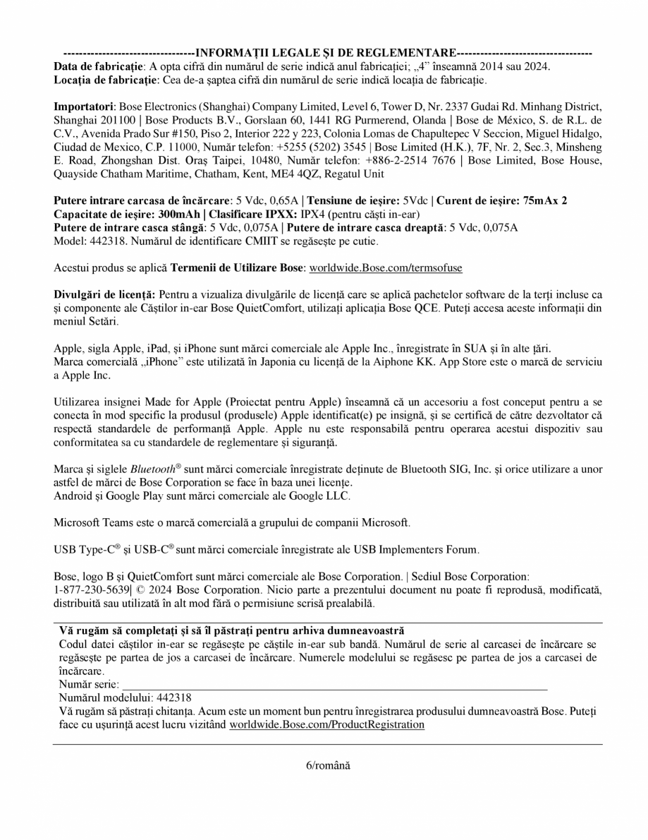 Pagina 6-Manual de utilizare pentru casti cu anularea zgomotului BOSE Quiet Comfort Earbuds Instructiuni...