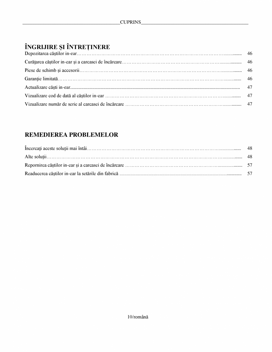 Pagina 10-Manual de utilizare pentru casti cu anularea zgomotului BOSE Quiet Comfort Earbuds Instructiuni...
