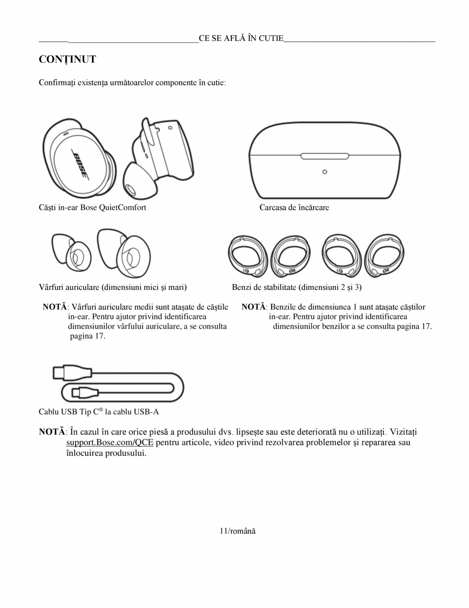 Pagina 11-Manual de utilizare pentru casti cu anularea zgomotului BOSE Quiet Comfort Earbuds Instructiuni...