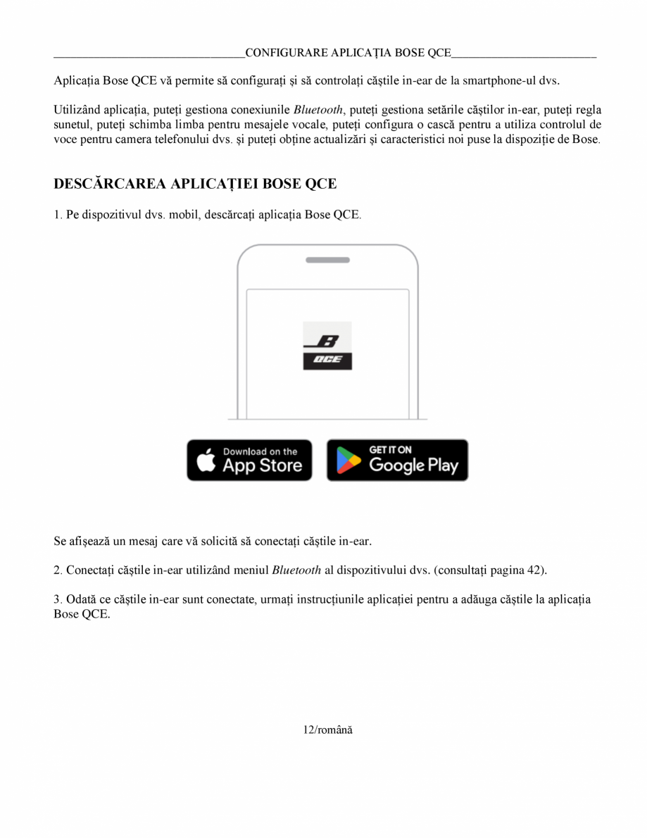 Pagina 12-Manual de utilizare pentru casti cu anularea zgomotului BOSE Quiet Comfort Earbuds Instructiuni...