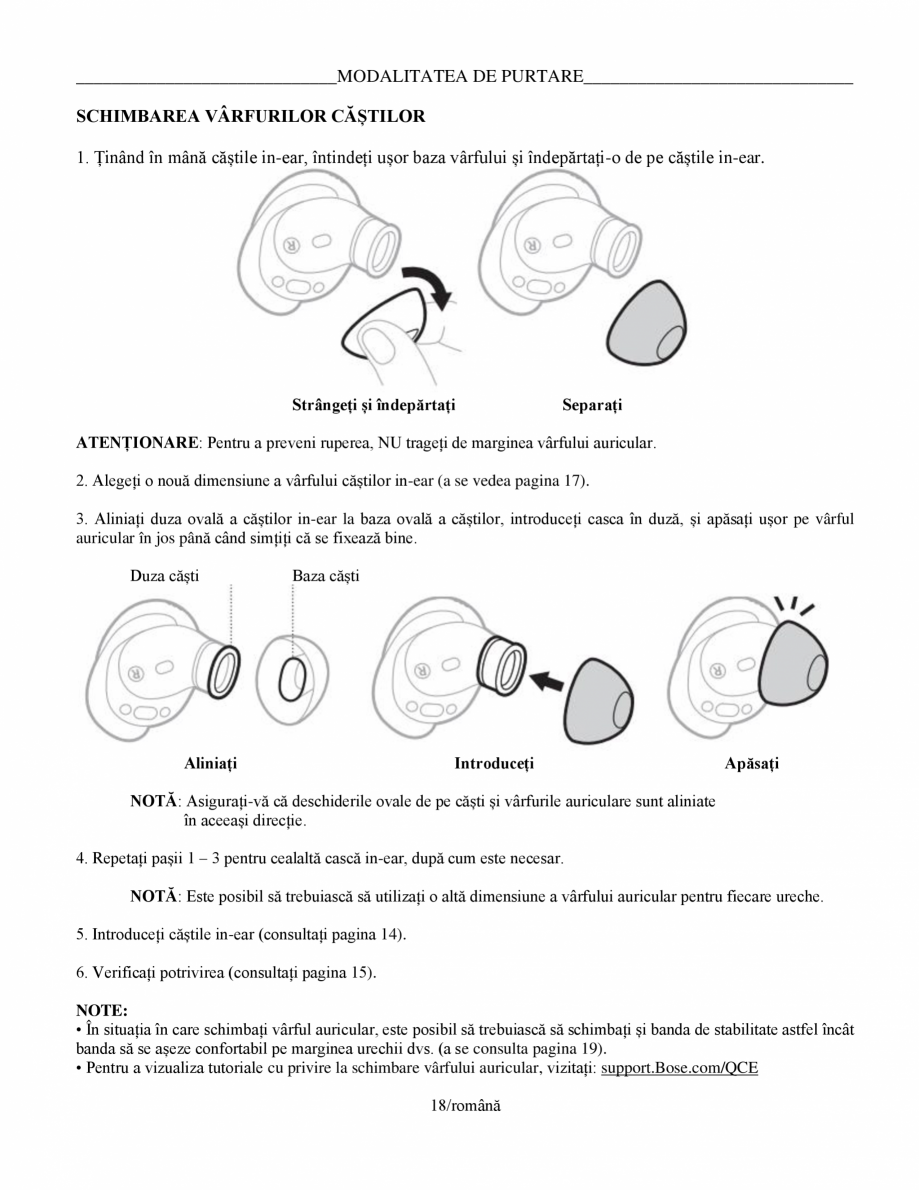 Pagina 18-Manual de utilizare pentru casti cu anularea zgomotului BOSE Quiet Comfort Earbuds Instructiuni...