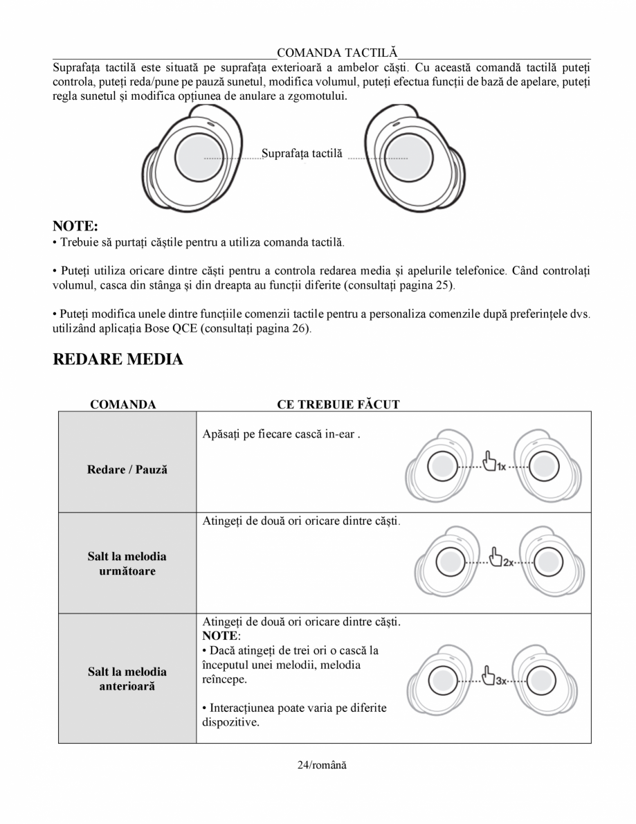 Pagina 24-Manual de utilizare pentru casti cu anularea zgomotului BOSE Quiet Comfort Earbuds Instructiuni...