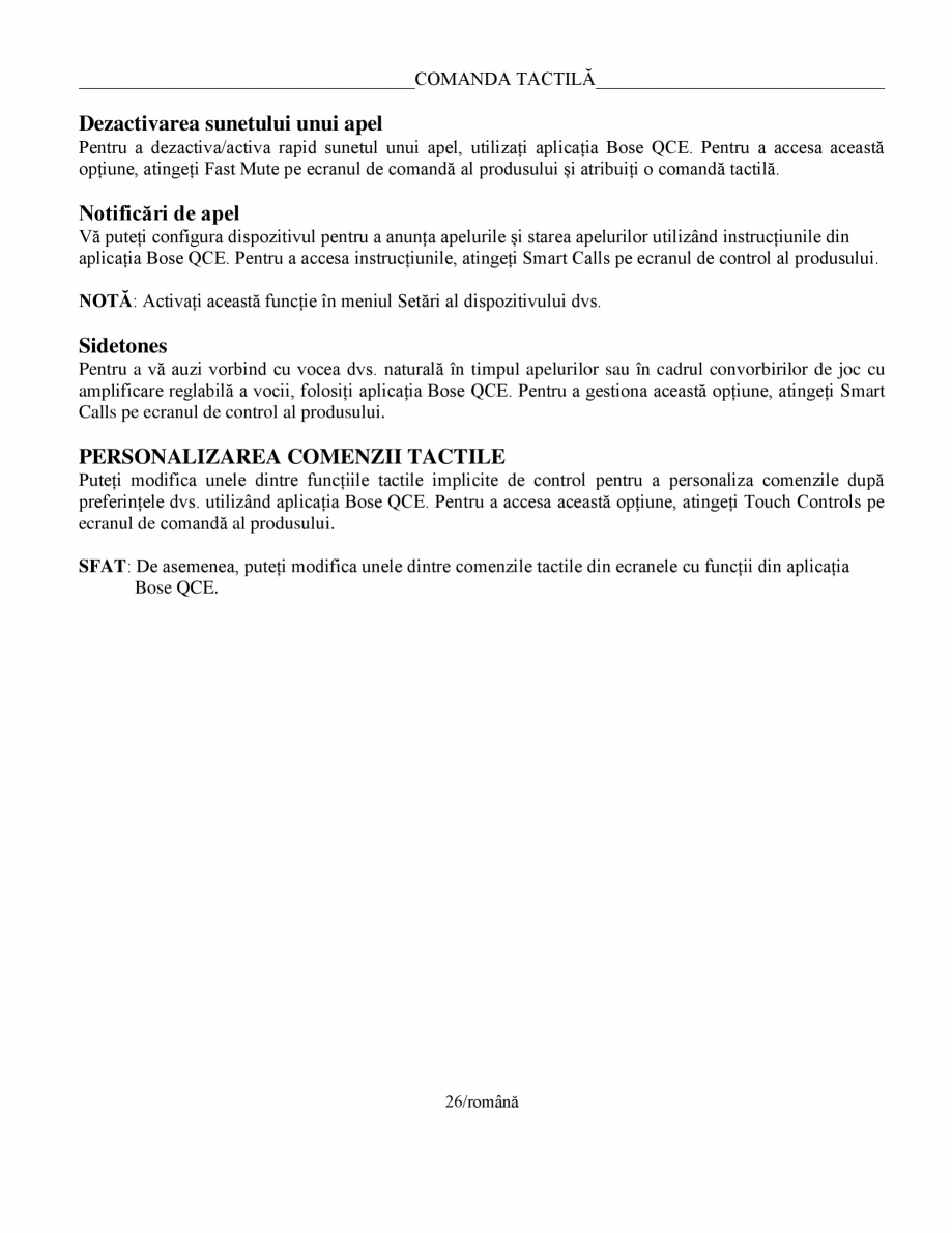 Pagina 26-Manual de utilizare pentru casti cu anularea zgomotului BOSE Quiet Comfort Earbuds Instructiuni...