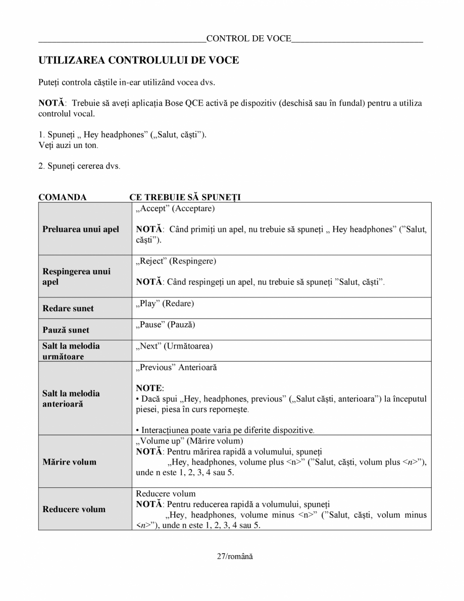 Pagina 27-Manual de utilizare pentru casti cu anularea zgomotului BOSE Quiet Comfort Earbuds Instructiuni...