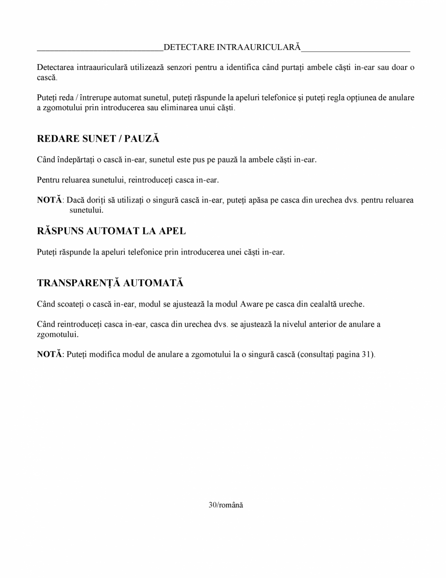 Pagina 30-Manual de utilizare pentru casti cu anularea zgomotului BOSE Quiet Comfort Earbuds Instructiuni...