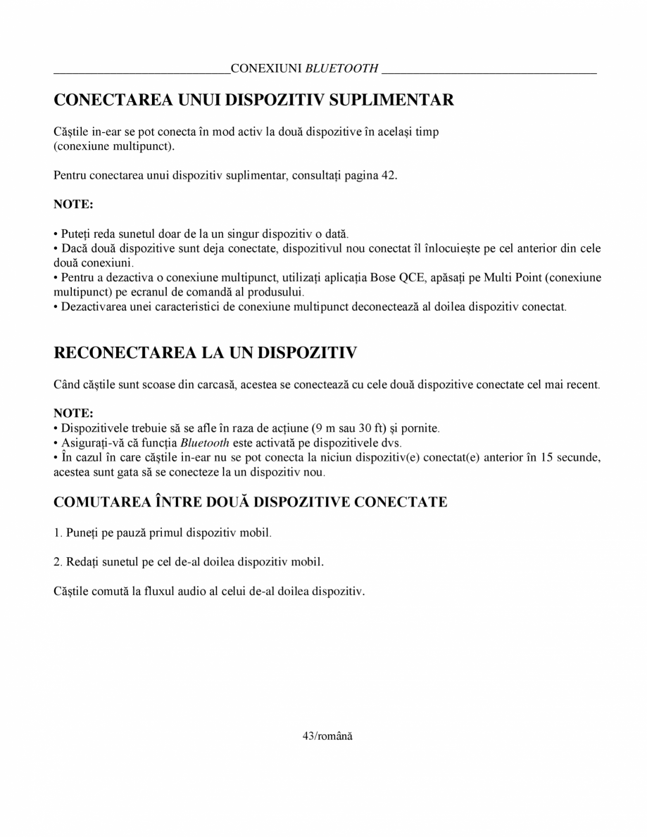 Pagina 43-Manual de utilizare pentru casti cu anularea zgomotului BOSE Quiet Comfort Earbuds Instructiuni...