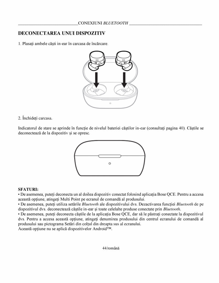 Pagina 44-Manual de utilizare pentru casti cu anularea zgomotului BOSE Quiet Comfort Earbuds Instructiuni...