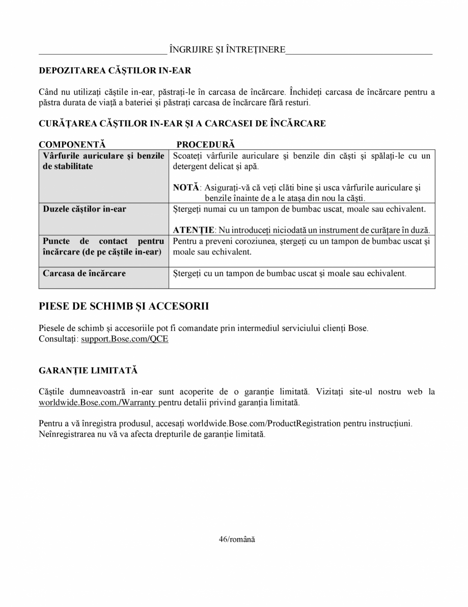 Pagina 46-Manual de utilizare pentru casti cu anularea zgomotului BOSE Quiet Comfort Earbuds Instructiuni...