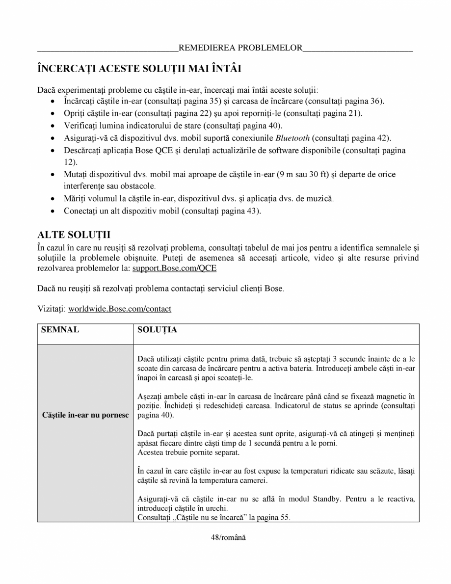 Pagina 48-Manual de utilizare pentru casti cu anularea zgomotului BOSE Quiet Comfort Earbuds Instructiuni...