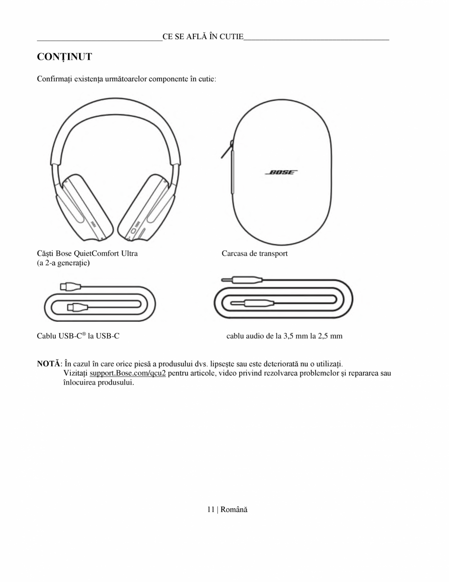Pagina 11-Manual de utilizare pentru casti cu anularea zgomotului BOSE QuietComfort Ultra Headphones Gen2...