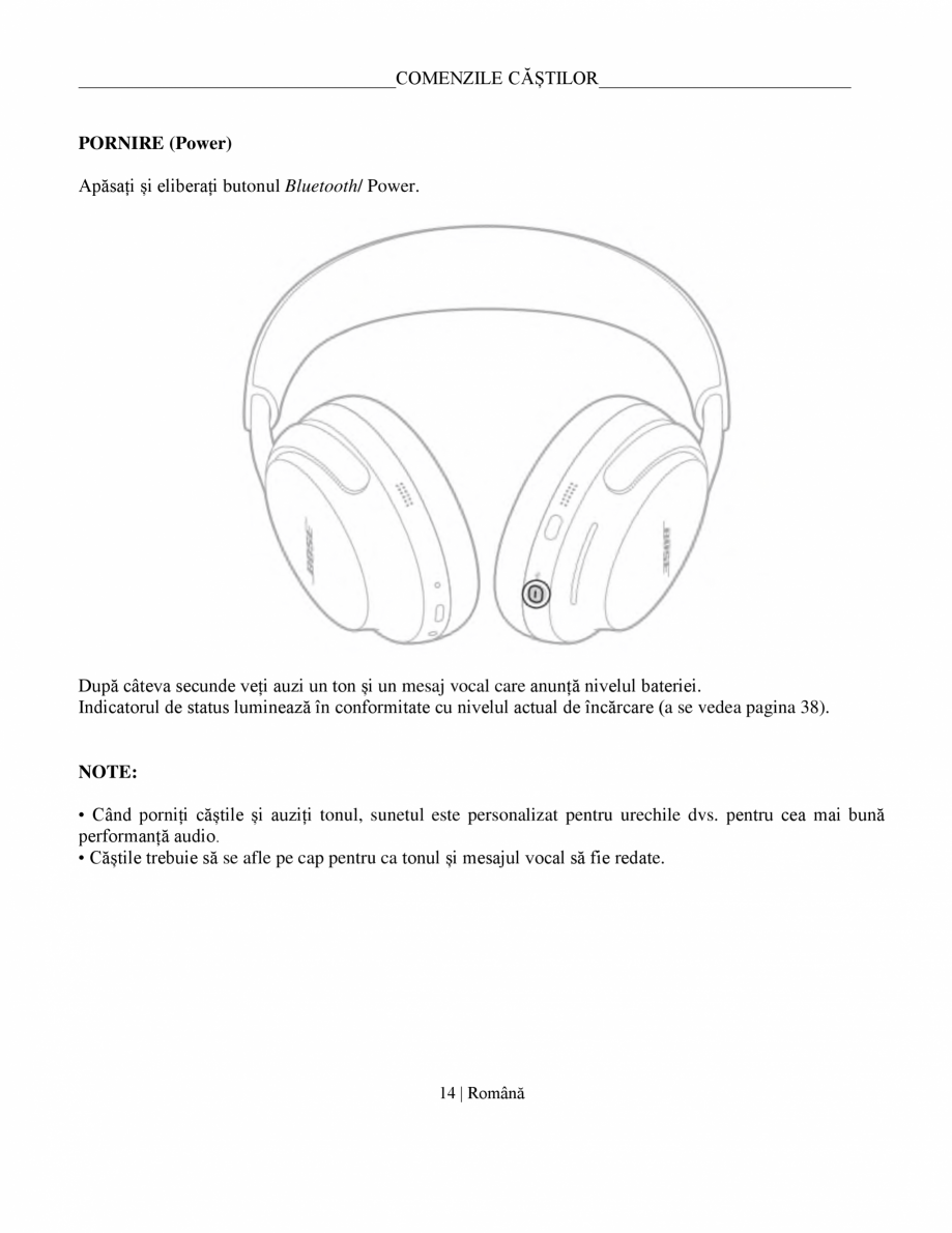 Pagina 14-Manual de utilizare pentru casti cu anularea zgomotului BOSE QuietComfort Ultra Headphones Gen2...