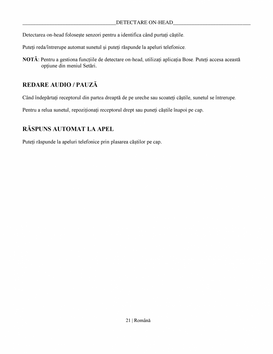 Pagina 21-Manual de utilizare pentru casti cu anularea zgomotului BOSE QuietComfort Ultra Headphones Gen2...