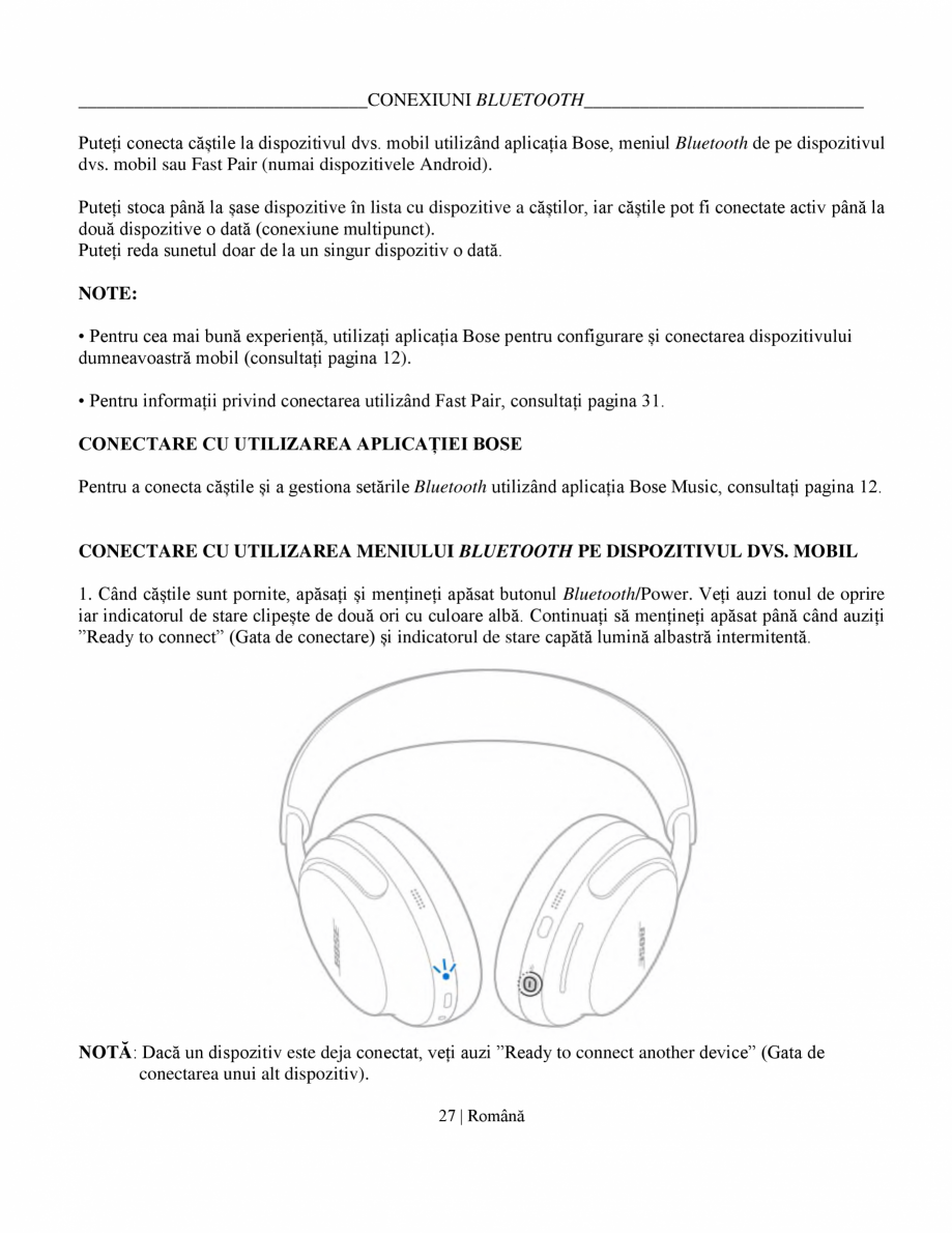 Pagina 27-Manual de utilizare pentru casti cu anularea zgomotului BOSE QuietComfort Ultra Headphones Gen2...