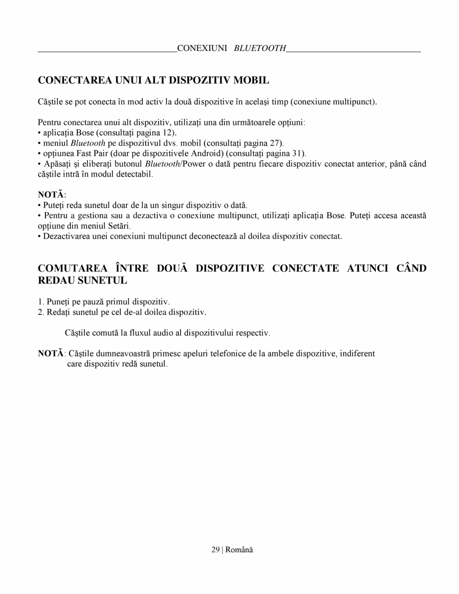 Pagina 29-Manual de utilizare pentru casti cu anularea zgomotului BOSE QuietComfort Ultra Headphones Gen2...