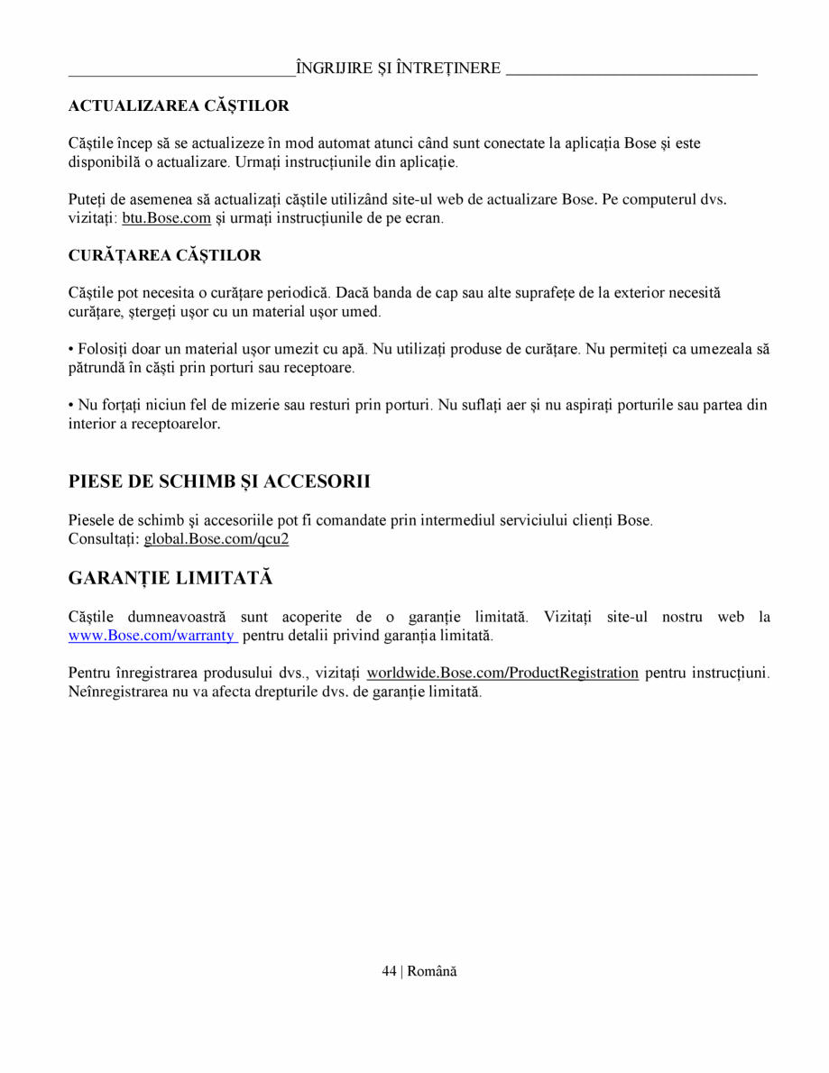 Pagina 44-Manual de utilizare pentru casti cu anularea zgomotului BOSE QuietComfort Ultra Headphones Gen2...