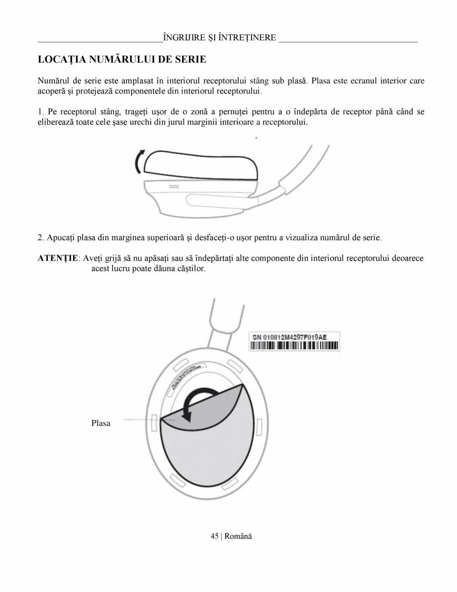Pagina 45-Manual de utilizare pentru casti cu anularea zgomotului BOSE QuietComfort Ultra Headphones Gen2...