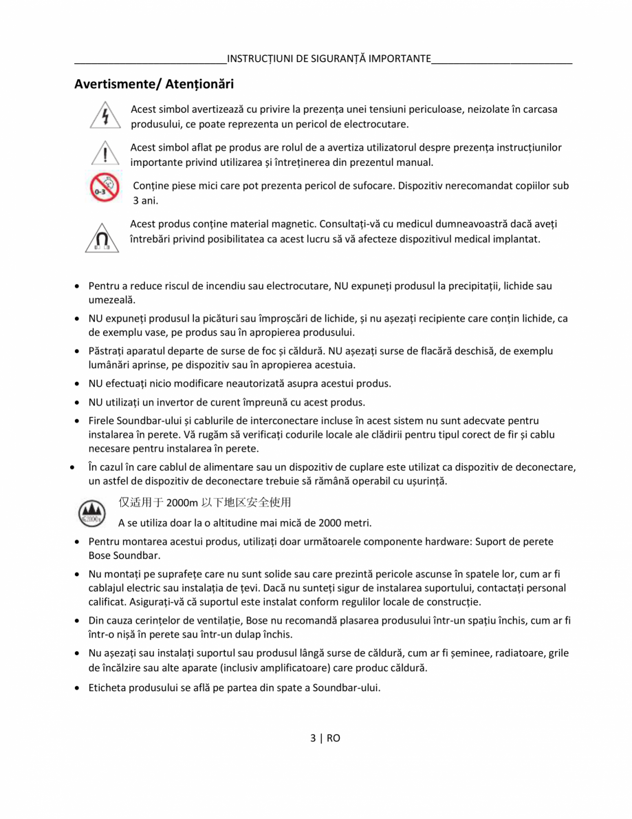 Pagina 3-Manual de utilizare pentru soundbar BOSE Bose TV Instructiuni montaj, utilizare Romana ă cu...