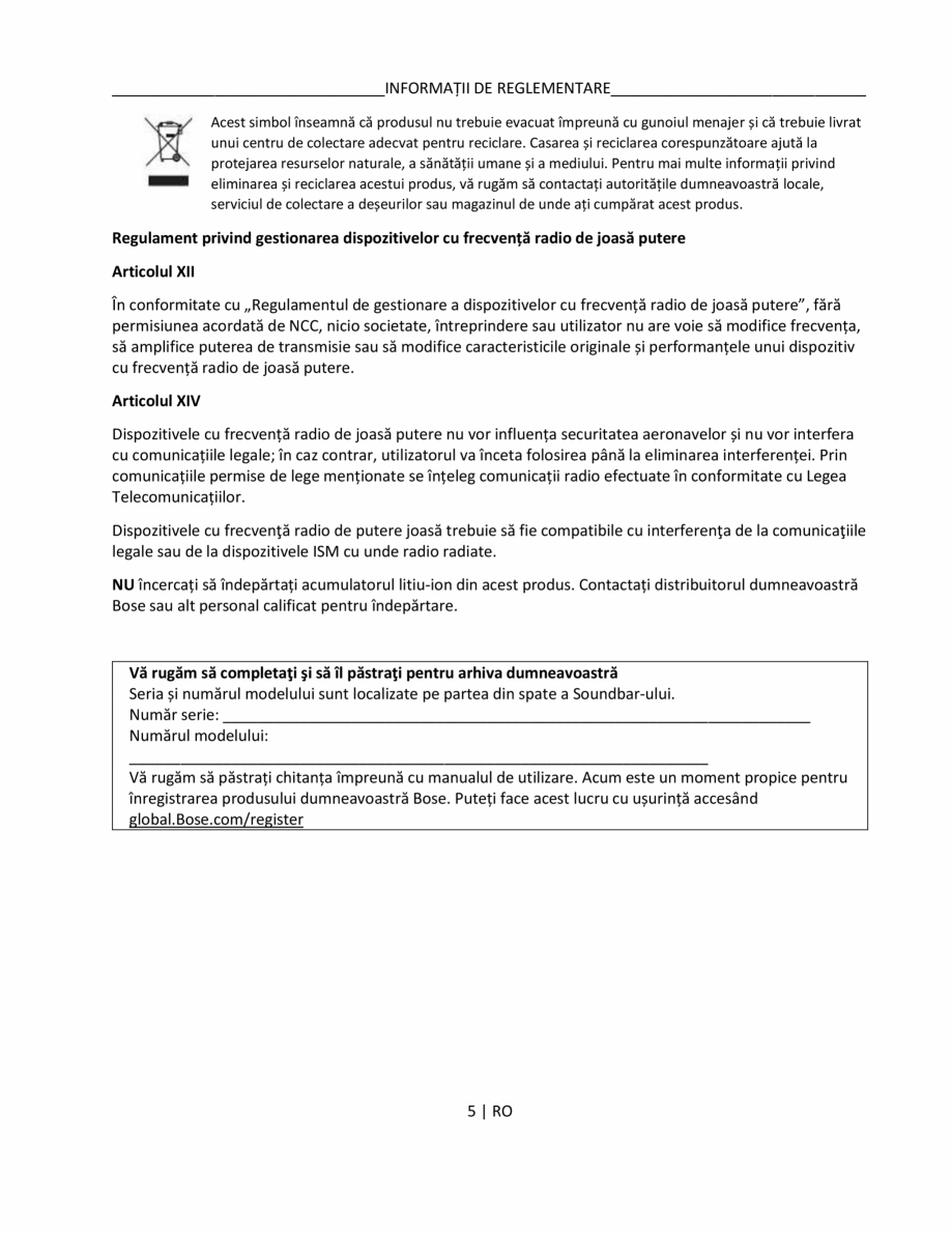 Pagina 5-Manual de utilizare pentru soundbar BOSE Bose TV Instructiuni montaj, utilizare Romana ea acestuia.
...