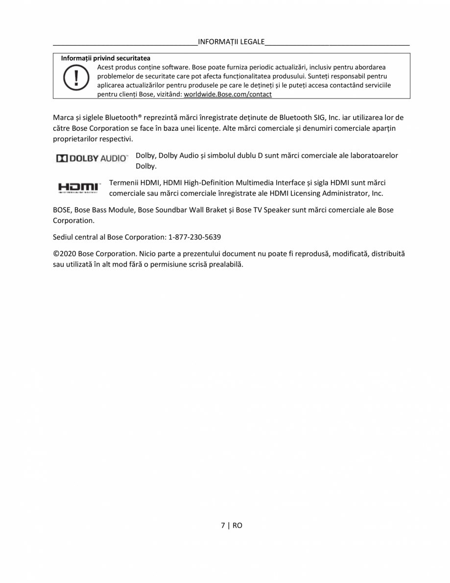 Pagina 7 - Manual de utilizare pentru soundbar BOSE Bose TV Instructiuni montaj, utilizare Romana n ...