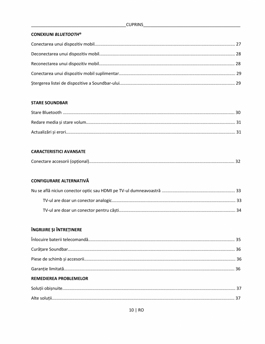 Pagina 10-Manual de utilizare pentru soundbar BOSE Bose TV Instructiuni montaj, utilizare Romana i
conectorii ...