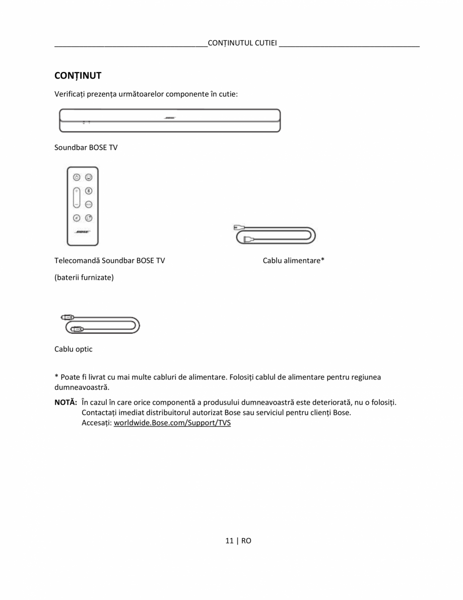 Pagina 11-Manual de utilizare pentru soundbar BOSE Bose TV Instructiuni montaj, utilizare Romana  vă rugăm...