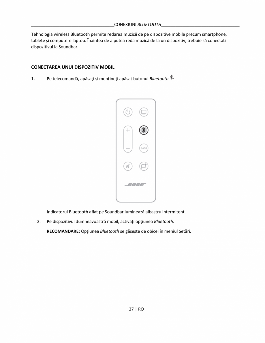 Pagina 27 - Manual de utilizare pentru soundbar BOSE Bose TV Instructiuni montaj, utilizare Romana...