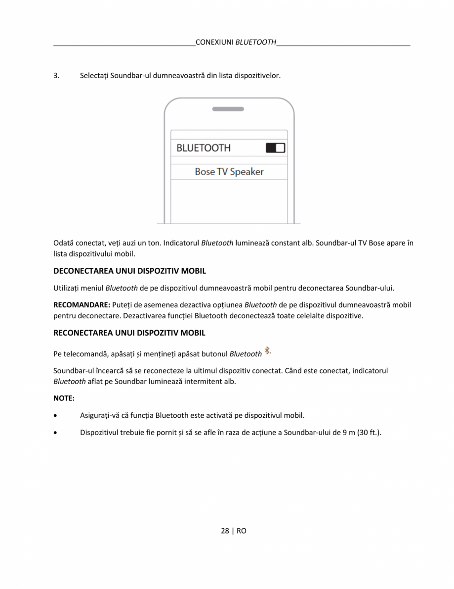 Pagina 28-Manual de utilizare pentru soundbar BOSE Bose TV Instructiuni montaj, utilizare Romana alul audio...