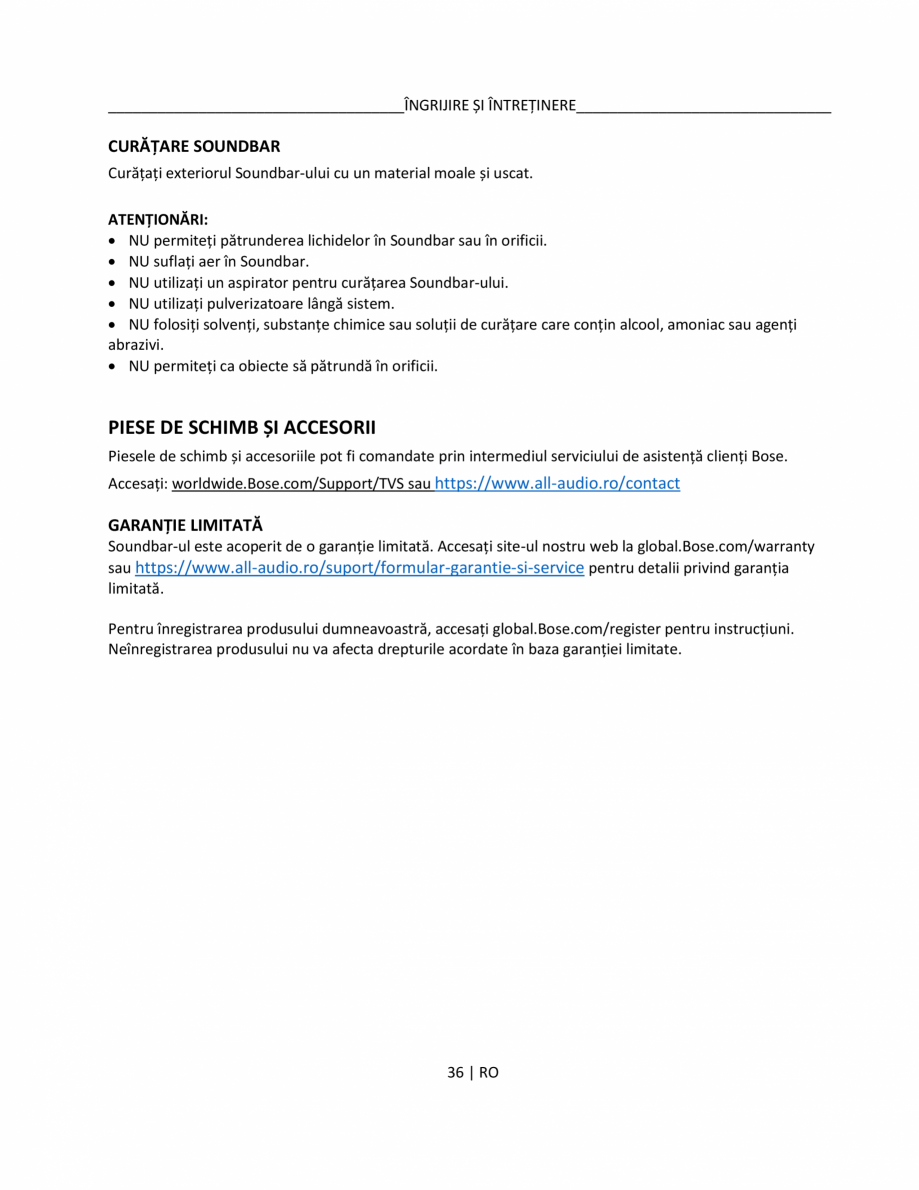Pagina 36-Manual de utilizare pentru soundbar BOSE Bose TV Instructiuni montaj, utilizare Romana te optimă a ...