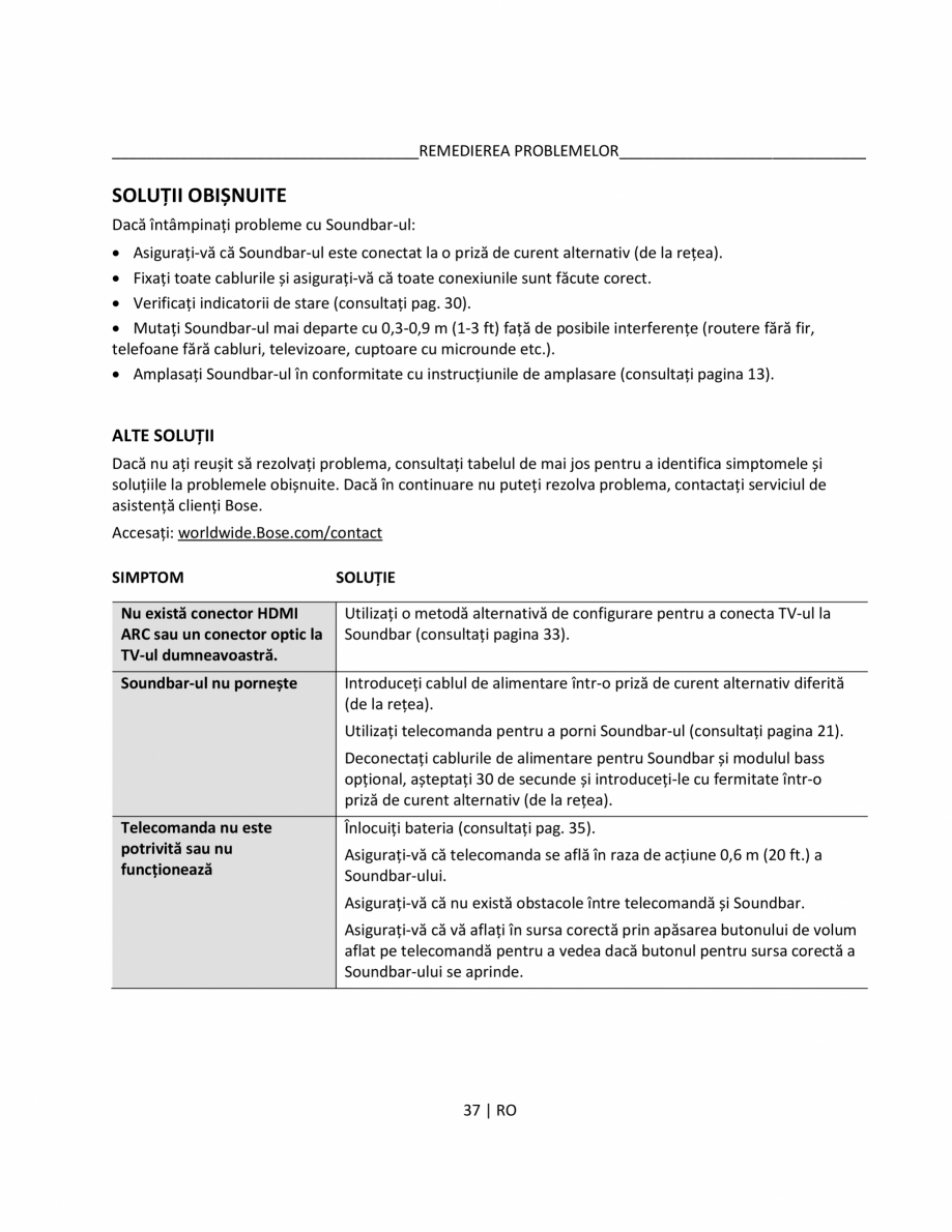 Pagina 37-Manual de utilizare pentru soundbar BOSE Bose TV Instructiuni montaj, utilizare Romana 
Pe...