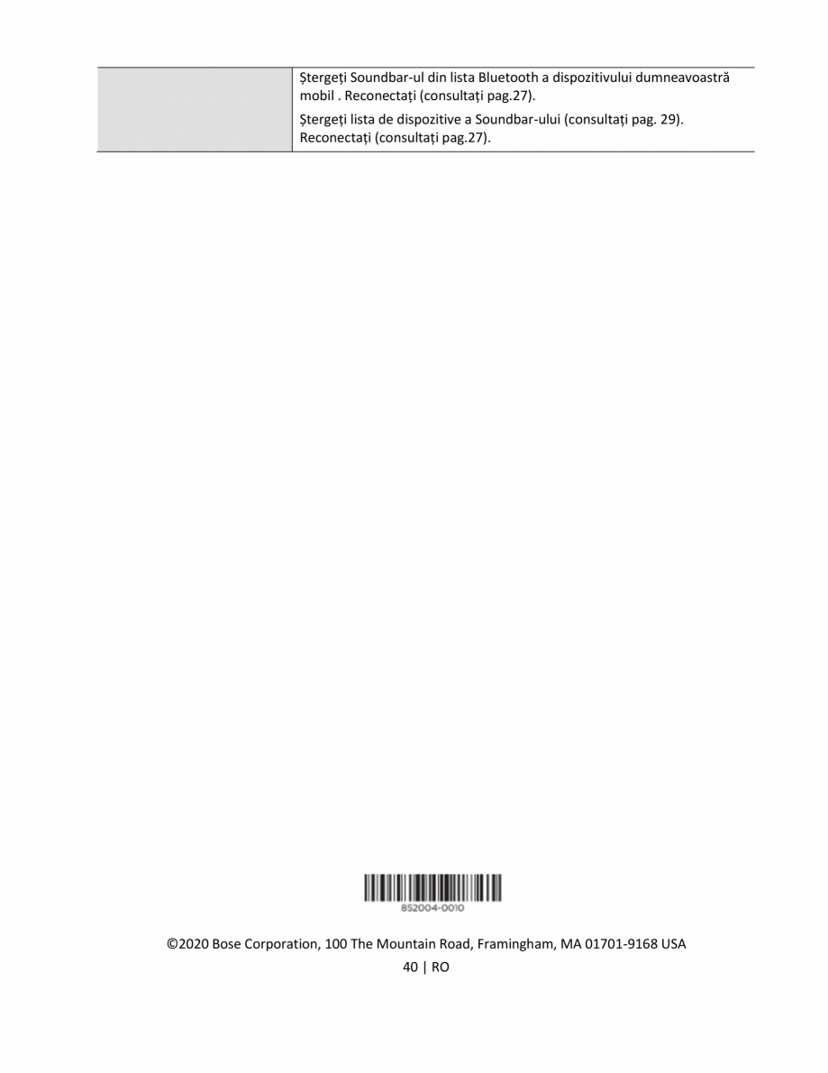 Pagina 40 - Manual de utilizare pentru soundbar BOSE Bose TV Instructiuni montaj, utilizare Romana...
