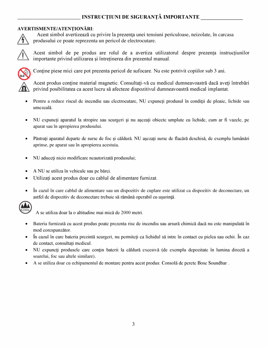 Pagina 3-Soundbar Bose 500 Manual de utilizare BOSE Instructiuni montaj, utilizare Romana n carcasa...