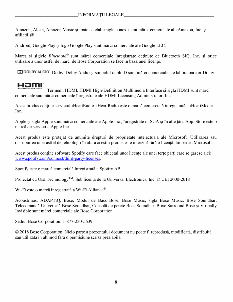 Pagina 8-Soundbar Bose 500 Manual de utilizare BOSE Instructiuni montaj, utilizare Romana t (CE) nr....