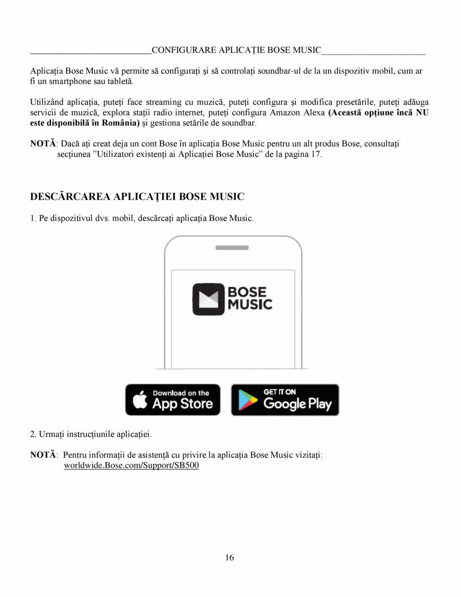 Pagina 16-Soundbar Bose 500 Manual de utilizare BOSE Instructiuni montaj, utilizare Romana .
Acest produs...