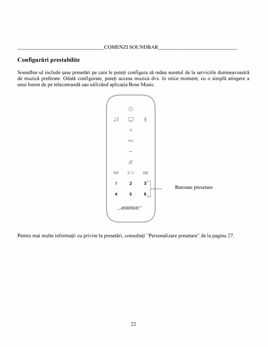 Pagina 22-Soundbar Bose 500 Manual de utilizare BOSE Instructiuni montaj, utilizare Romana...