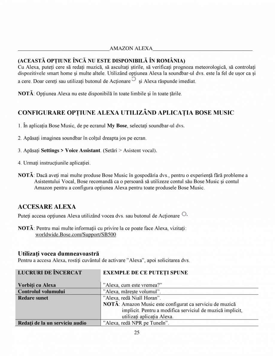 Pagina 25-Soundbar Bose 500 Manual de utilizare BOSE Instructiuni montaj, utilizare Romana lă într-un colț....