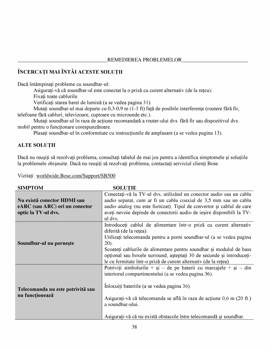 Pagina 38-Soundbar Bose 500 Manual de utilizare BOSE Instructiuni montaj, utilizare Romana coperiți mai multe...