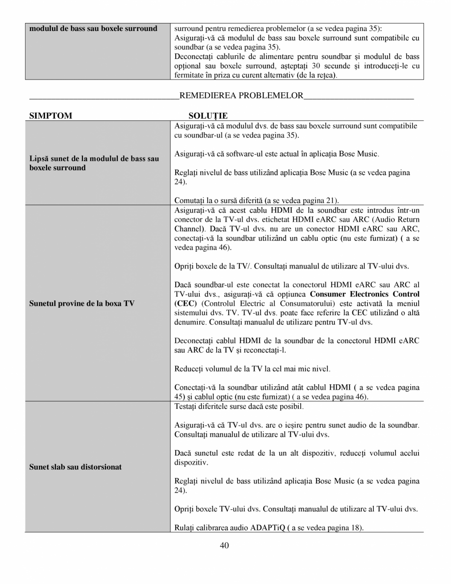 Pagina 40-Soundbar Bose 500 Manual de utilizare BOSE Instructiuni montaj, utilizare Romana undbar, rețineți ...