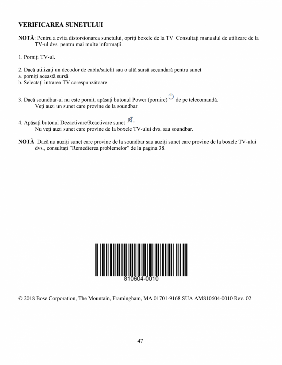 Pagina 47-Soundbar Bose 500 Manual de utilizare BOSE Instructiuni montaj, utilizare Romana cabluri,...