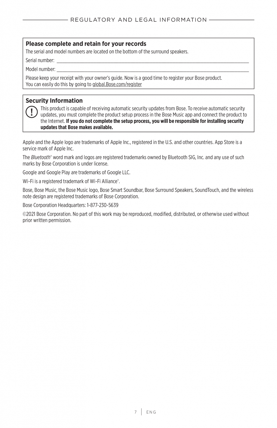 Pagina 7-Manual de utilizare Boxe Bose Surround BOSE Instructiuni montaj, utilizare Engleza n in specified...