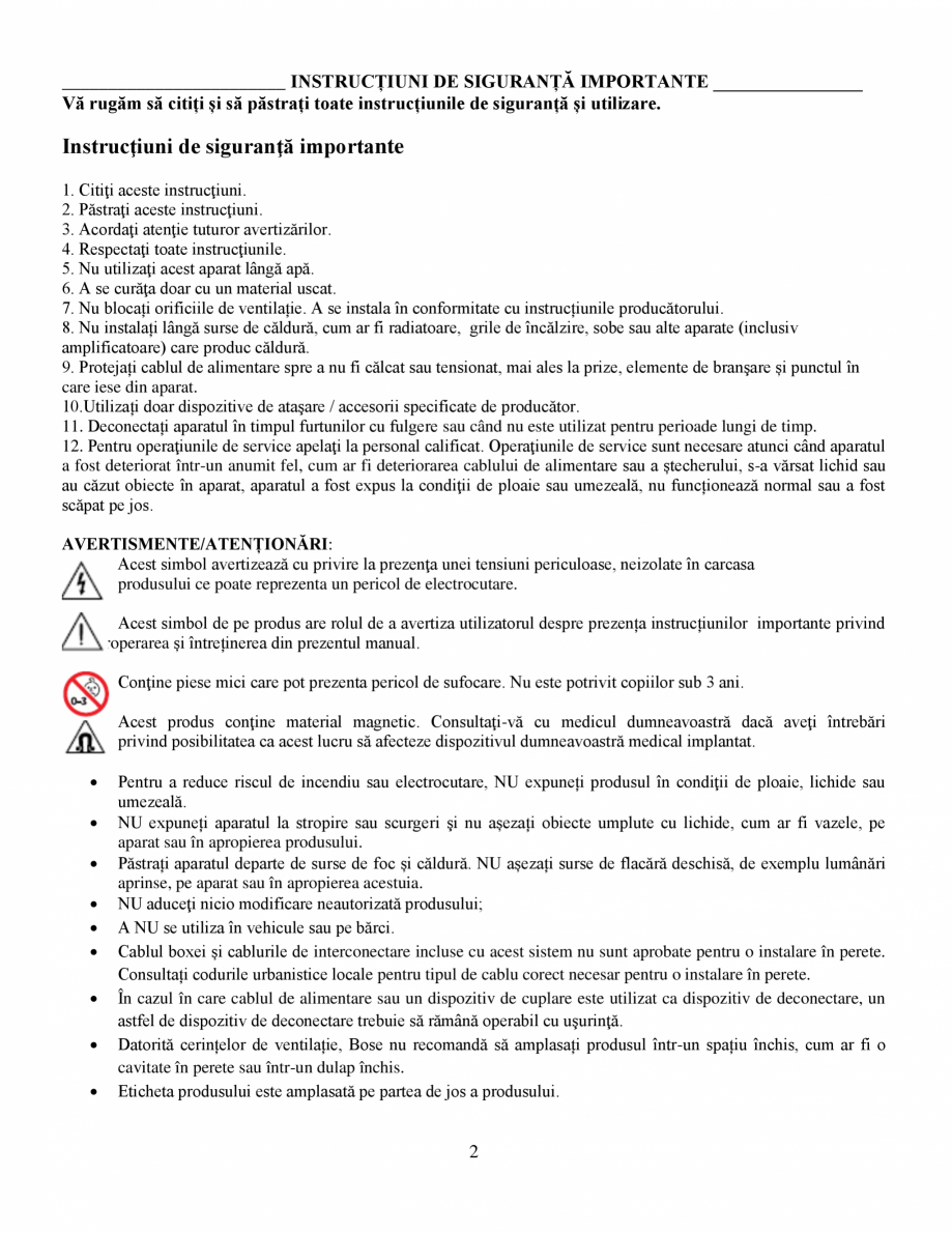 Pagina 2-Manual de utilizare Bas wireless Bose 500 BOSE Instructiuni montaj, utilizare Romana ți aparatul...