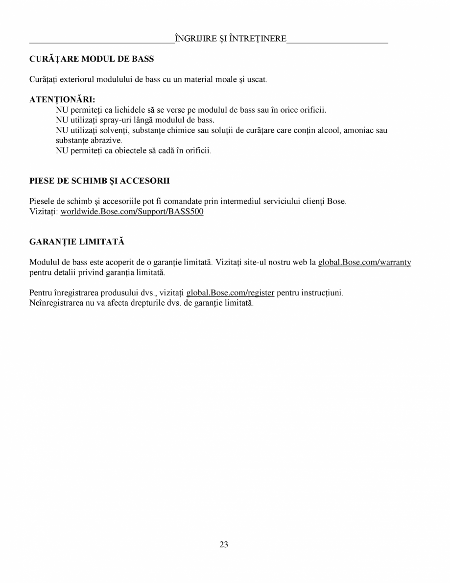 Pagina 23-Manual de utilizare Bas wireless Bose 500 BOSE Instructiuni montaj, utilizare Romana ea...