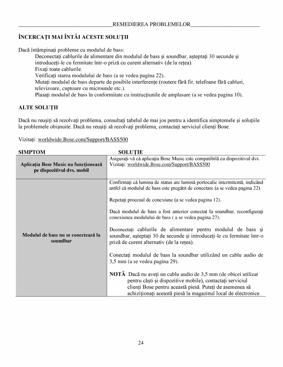 Pagina 24-Manual de utilizare Bas wireless Bose 500 BOSE Instructiuni montaj, utilizare Romana e
audio din...