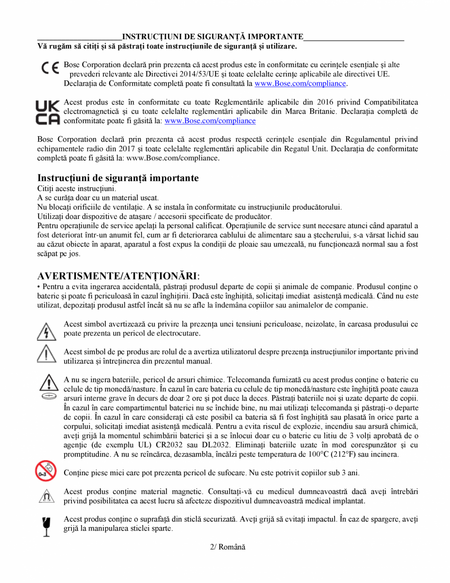 Pagina 2-Manual de utilizare soundbar BOSE Bose Ultra Romana atul Unit. Declarația de conformitate
completă...