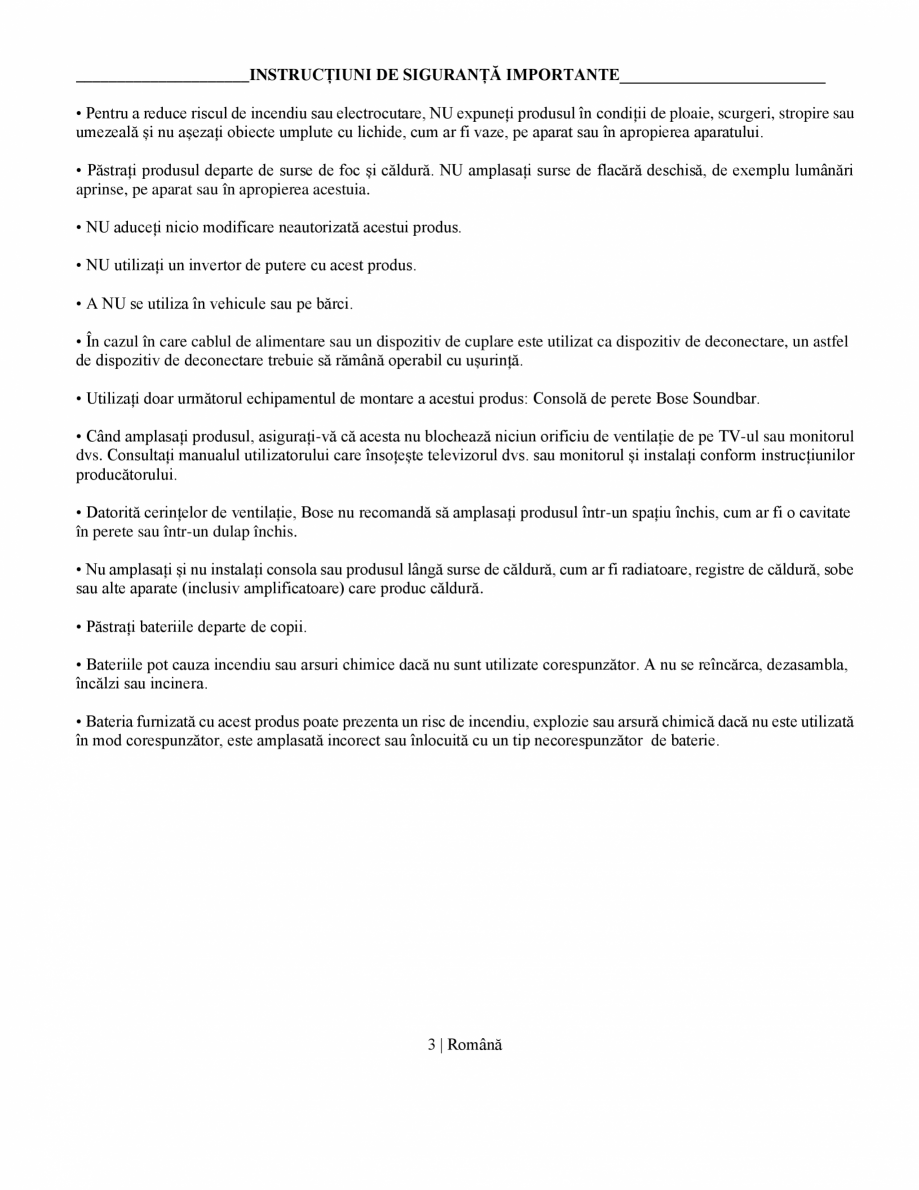 Pagina 3-Manual de utilizare soundbar BOSE Bose Ultra Romana Dacă este înghițită, solicitați imediat...