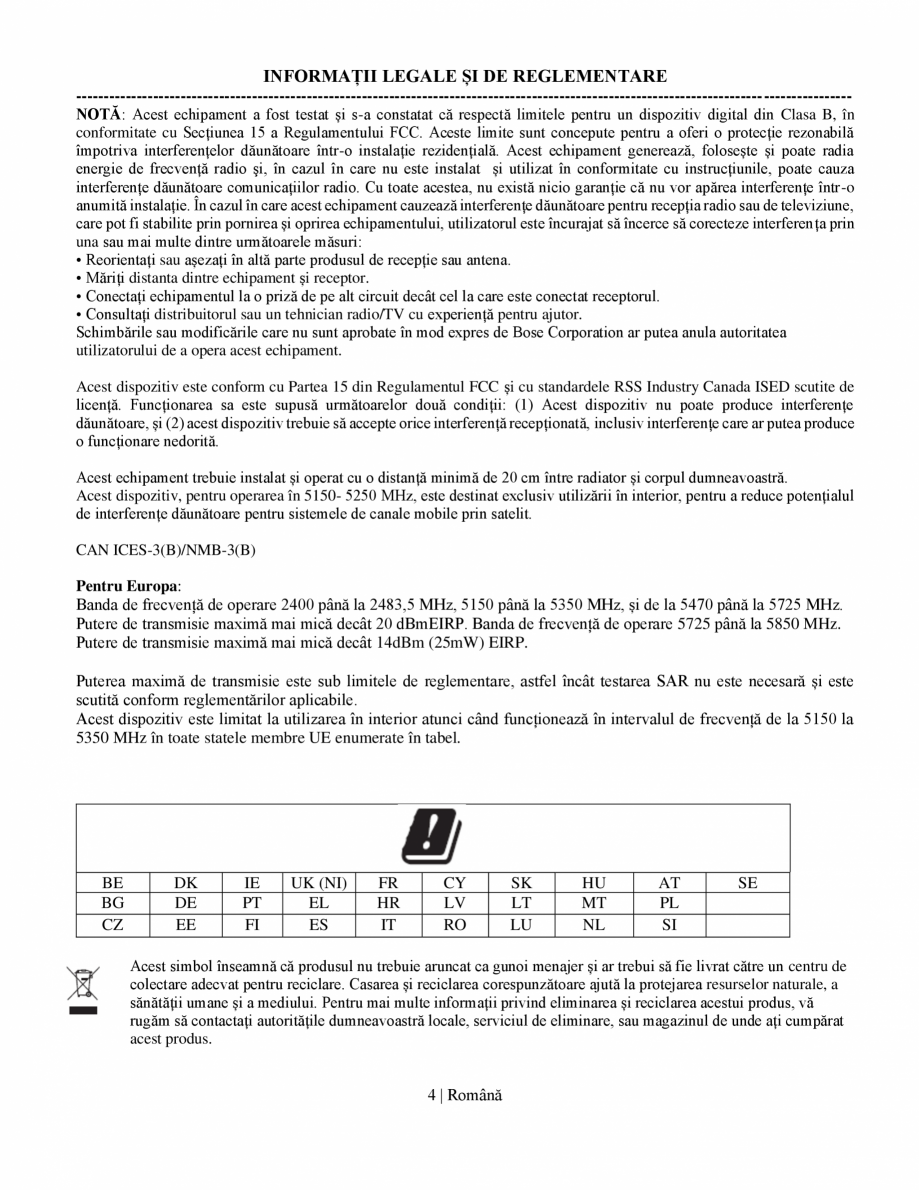 Pagina 4-Manual de utilizare soundbar BOSE Bose Ultra Romana opii. În cazul în care considerați că este...