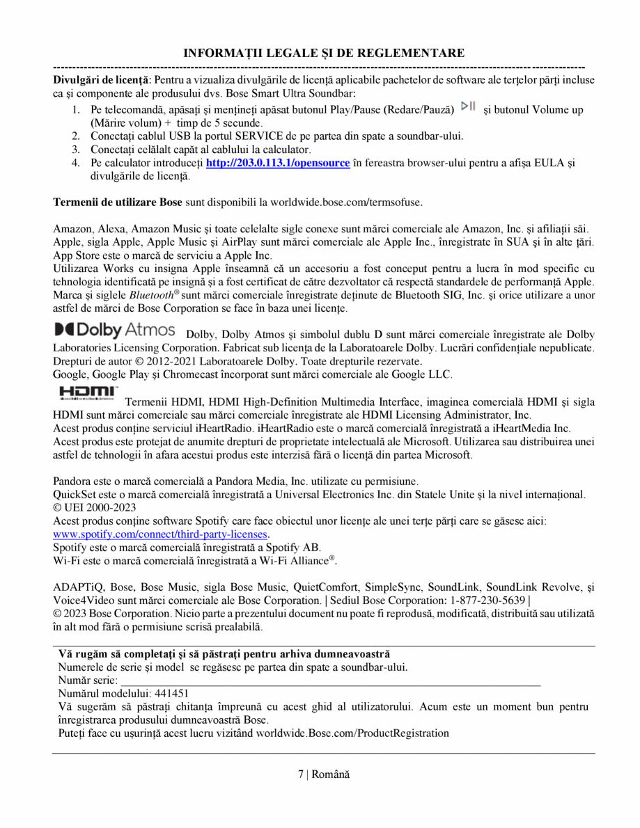 Pagina 7-Manual de utilizare soundbar BOSE Bose Ultra Romana n mod corespunzător, este amplasată incorect ...