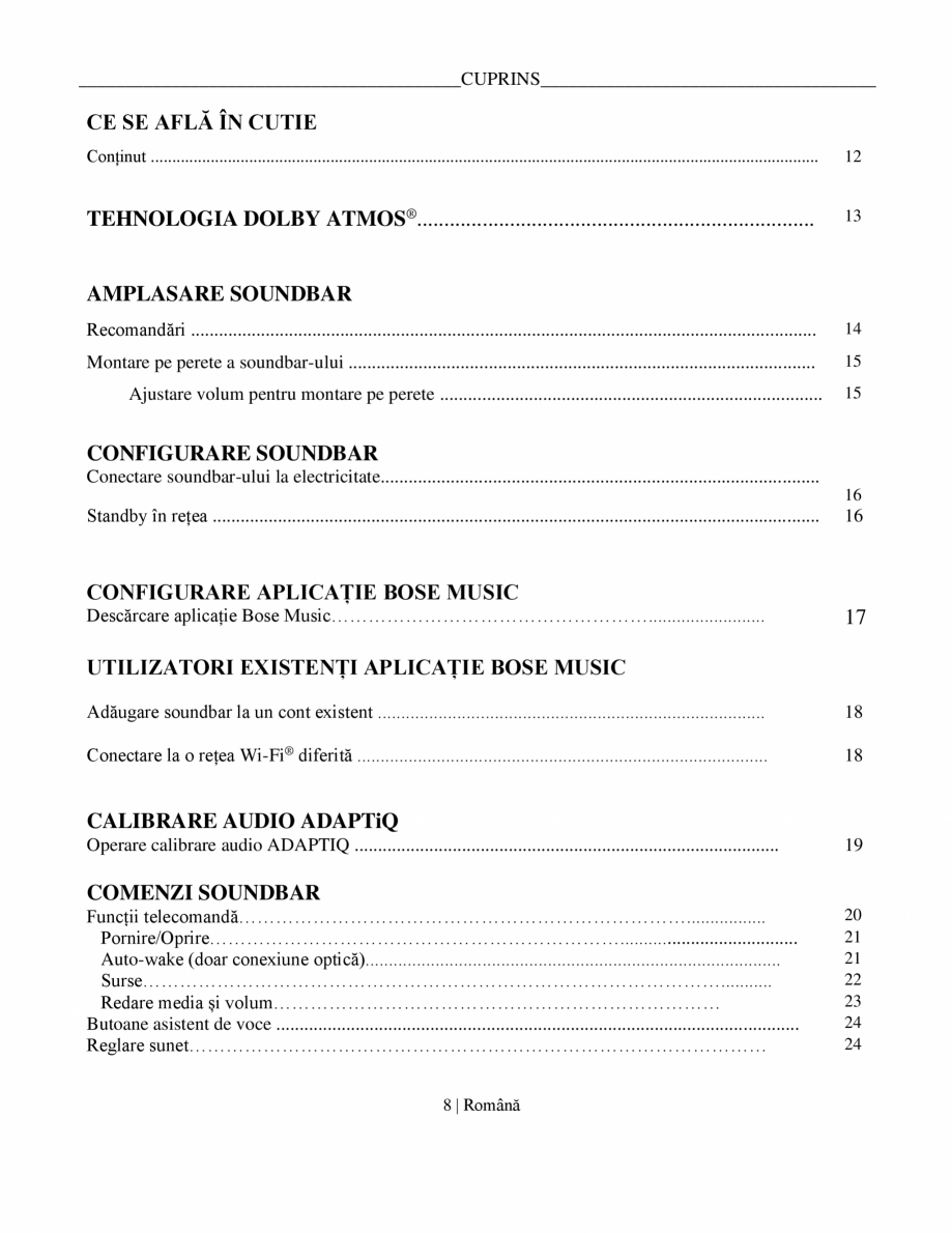 Pagina 8-Manual de utilizare soundbar BOSE Bose Ultra Romana nt cauzează interferențe dăunătoare pentru...