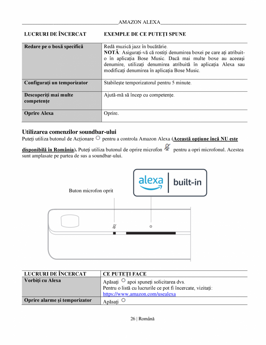 Pagina 26-Manual de utilizare soundbar BOSE Bose Ultra Romana ...................................................