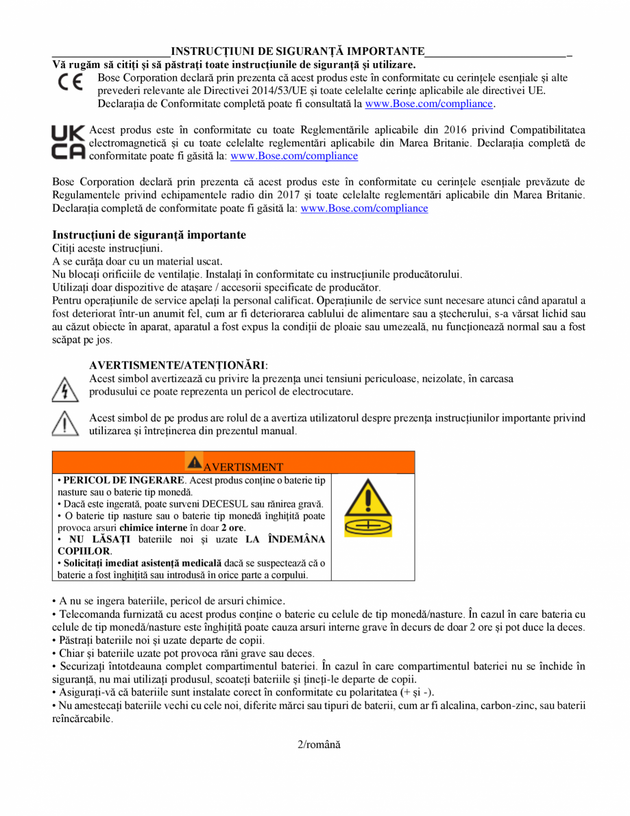 Pagina 2 - Manual de utilizare pentru soundbar Smart Bose BOSE Instructiuni montaj, utilizare Romana...